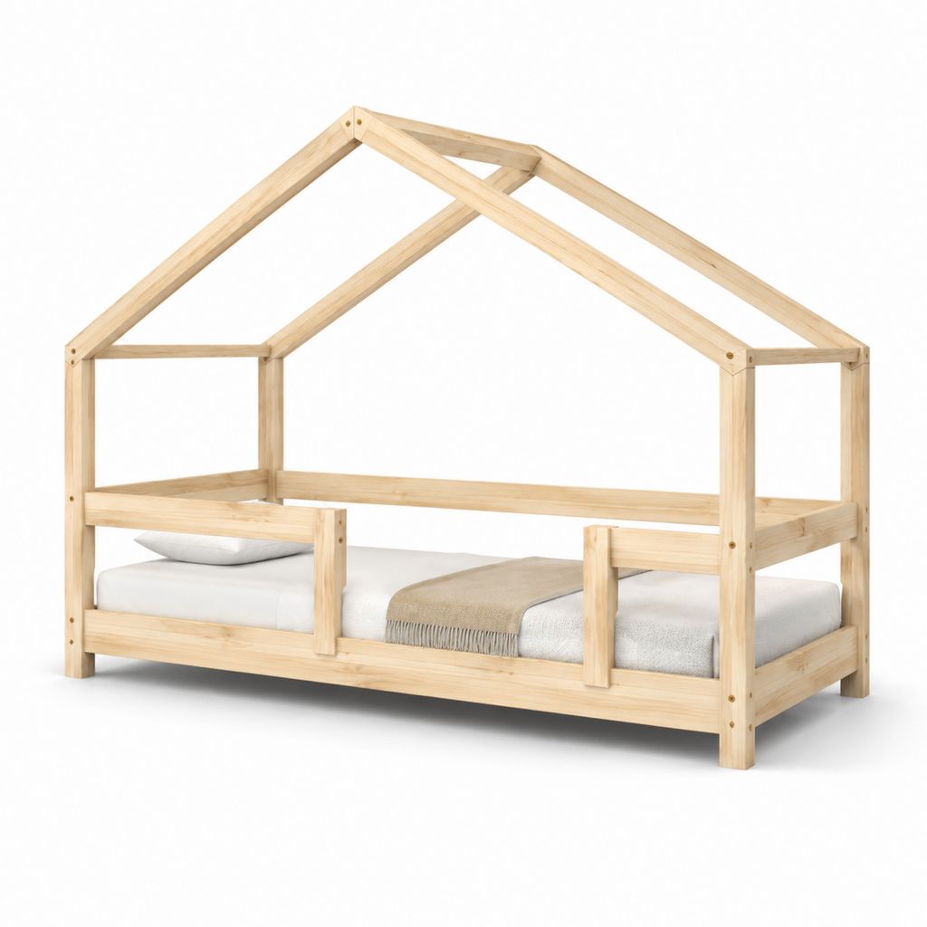 Letto a casetta singolo naturale in legno massello di pino 90 x 200 cm