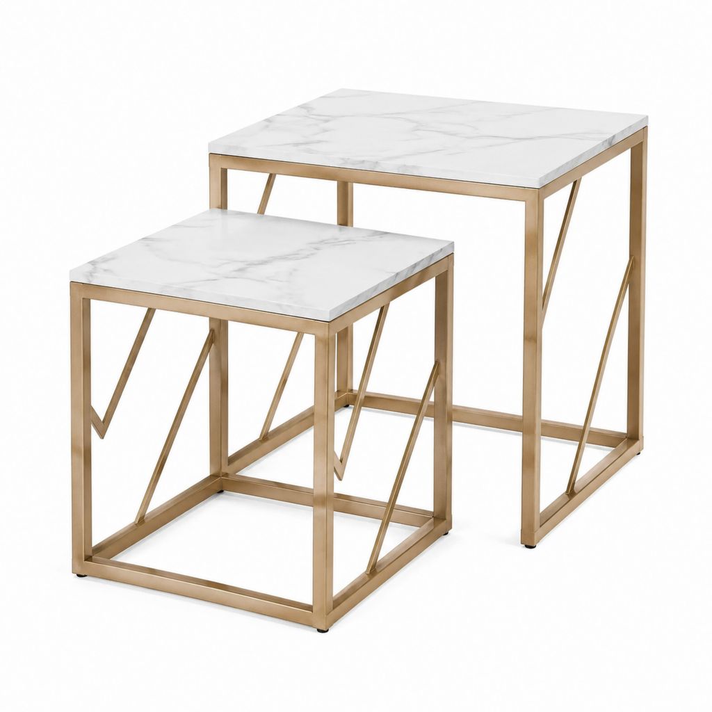 Set 2 tavolini da caffè quadrati bianco effetto marmo e oro in MDF e acciaio 50 x 50 x 50 cm e 40 x 40 x 45 cm