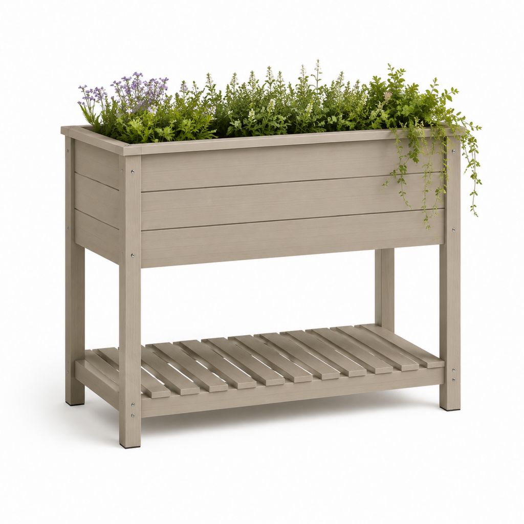 Fioriera rialzata rettangolare in legno massello di abete grigio tortora 100 x 40 x 80 cm con ripiano inferiore