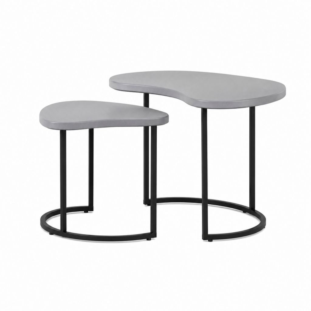 Set 2 tavolini da caffè grigio e nero in MDF melaminico e acciaio forma organica 80 x 50 x 45 cm e 60 x 40 x 40 cm