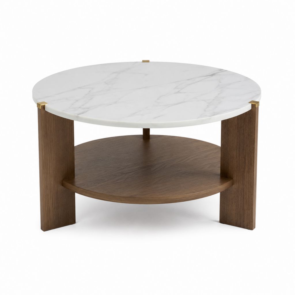 Tavolino da caffè rotondo bianco e noce con piano in pietra sinterizzata e ripiano Ø80 x 45 cm