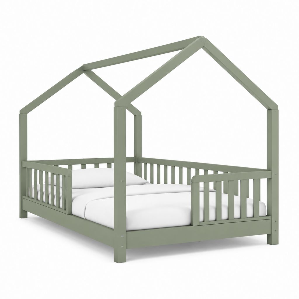 Letto a casetta per bambini verde salvia in legno massello di pino 90 x 200 cm