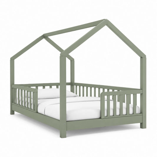 Letto a casetta per bambini verde salvia in legno massello di pino 90 x 200 cm
