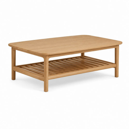 Tavolino da caffè rettangolare naturale in legno massello con ripiano inferiore 110 x 60 x 45 cm