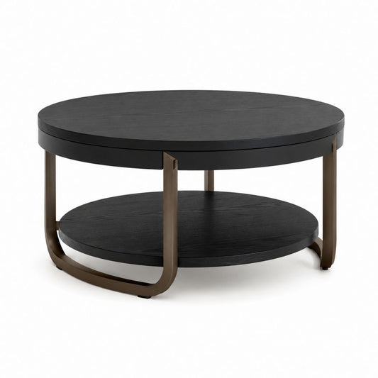 Tavolino da caffè rotondo nero e bronzo in MDF impiallacciato rovere con ripiano Ø80 x 45 cm