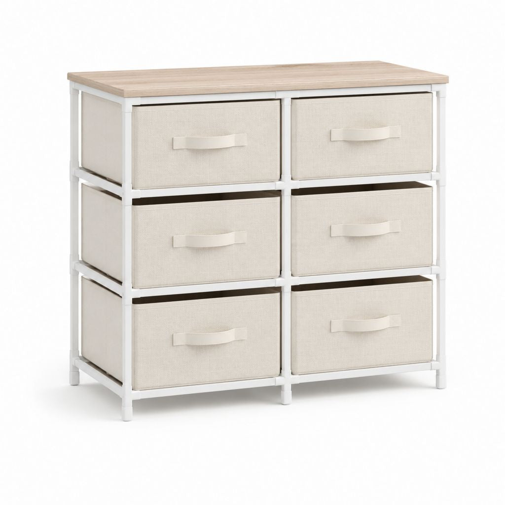 Cassettiera 6 cassetti bianco e beige in acciaio e poliestere 80 x 30 x 75 cm