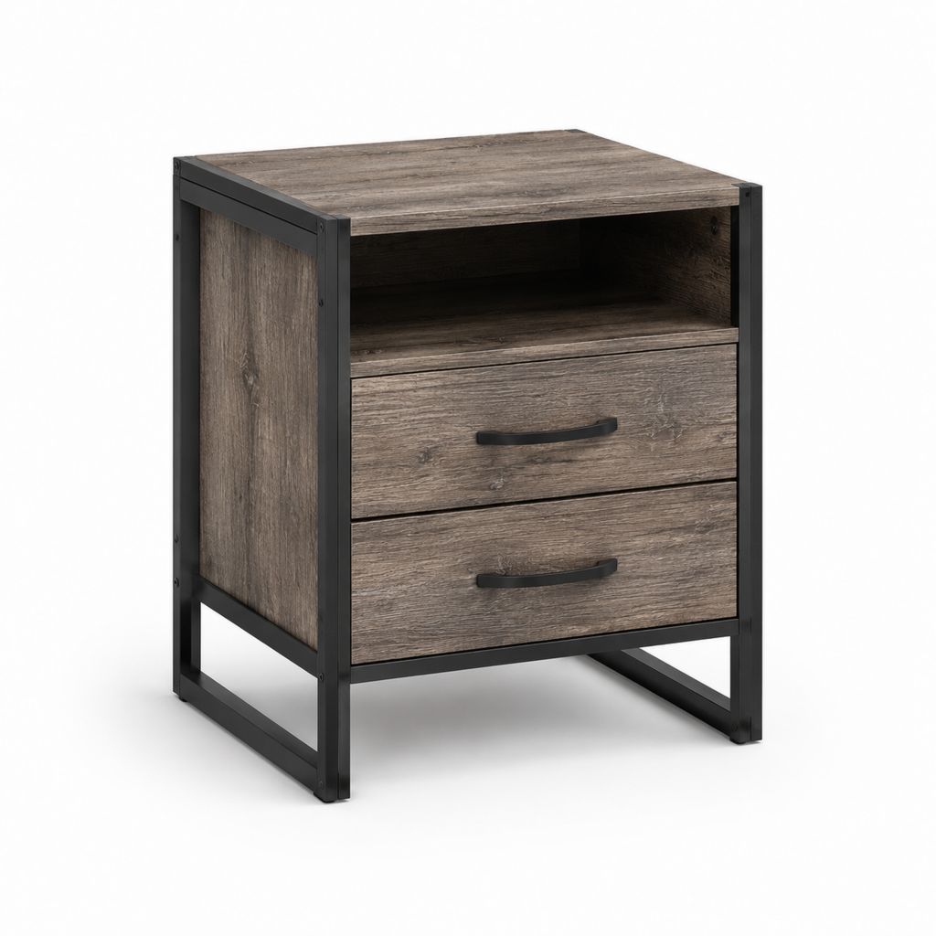 Comodino con 2 cassetti marrone rustico e nero in pannello truciolare melaminico e acciaio 45 x 40 x 60 cm