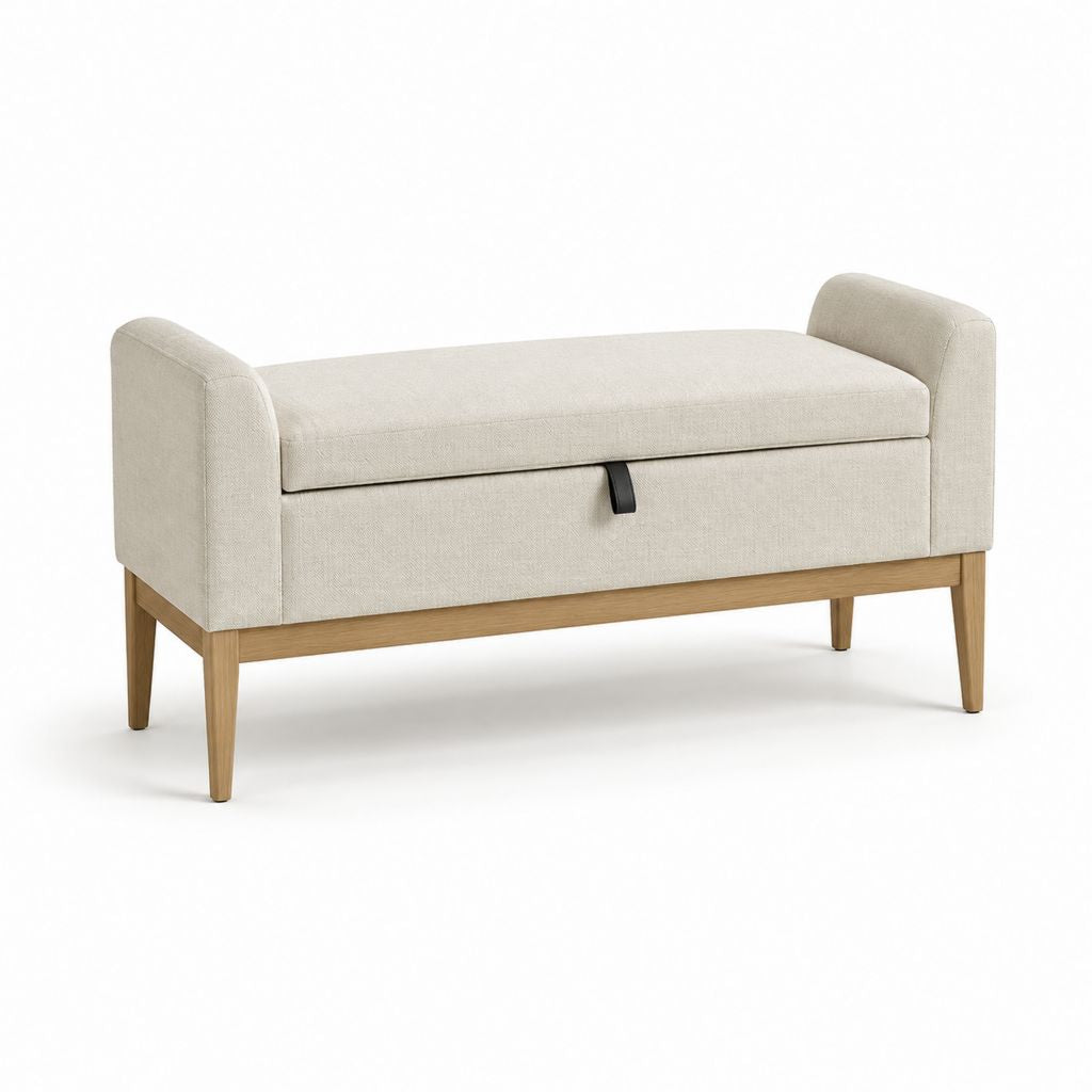 Panca contenitore imbottita beige in poliestere con braccioli e gambe in legno massello 120 x 45 x 65 cm