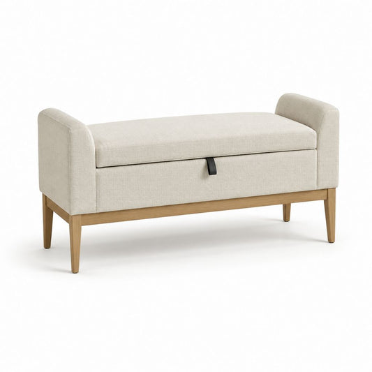 Panca contenitore imbottita beige in poliestere con braccioli e gambe in legno massello 120 x 45 x 65 cm