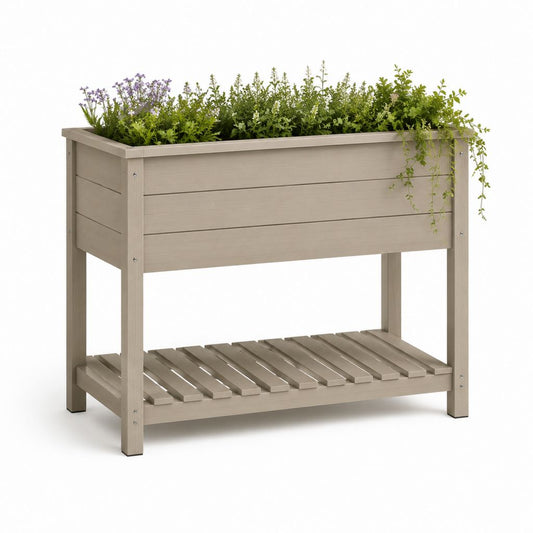 Fioriera rialzata rettangolare in legno massello di abete grigio tortora 100 x 40 x 80 cm con ripiano inferiore