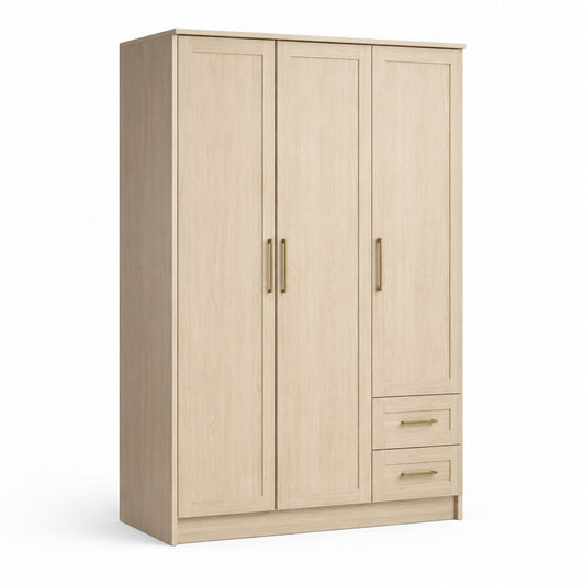 Armadio guardaroba a 3 ante con 2 cassetti rovere chiaro in pannello truciolare 120 x 52 x 190 cm