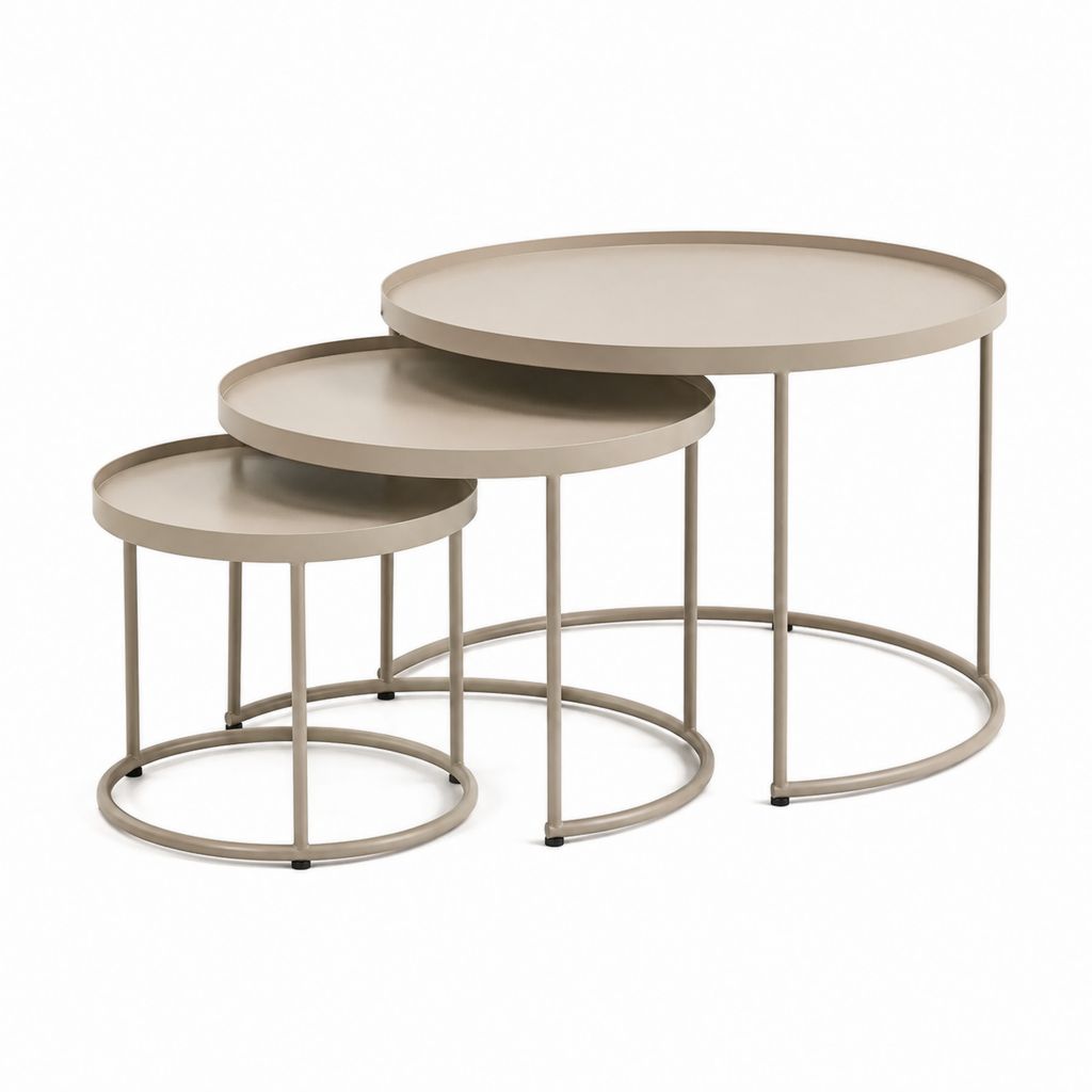 Set di 3 Tavolini da Caffè Rotondi Beige in Acciaio Verniciato Ø50 Ø60 Ø70 cm