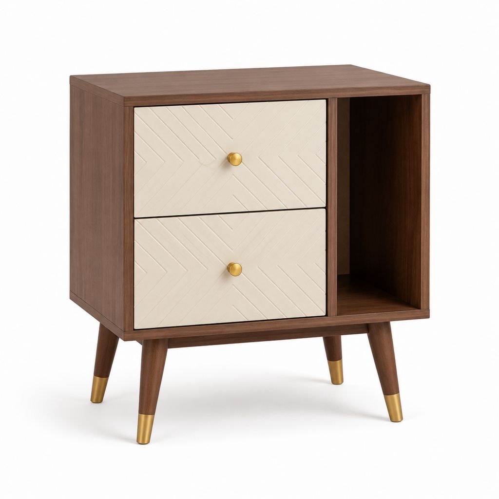 Comodino con 2 cassetti e vano aperto noce e bianco in MDF 50 x 40 x 60 cm