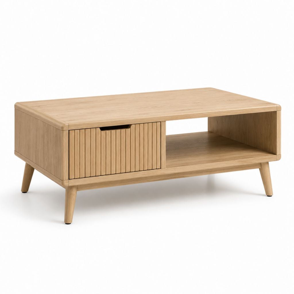 Tavolino da caffè con contenitore rovere naturale rettangolare in rovere massello 100 x 50 x 45 cm
