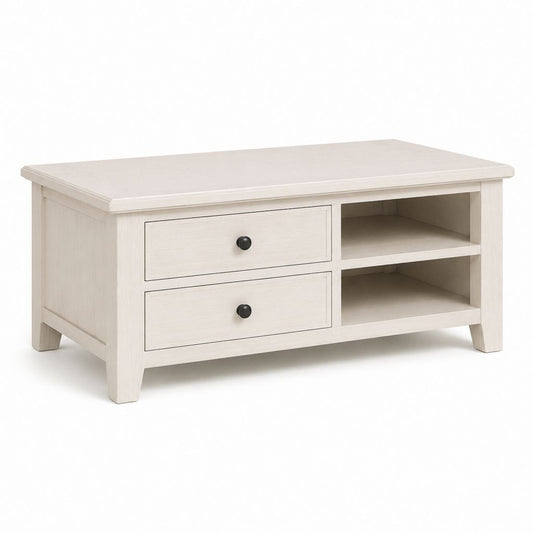 Tavolino da caffè rettangolare bianco effetto rovere in MDF 100 x 60 x 45 cm con 2 cassetti e 2 vani aperti