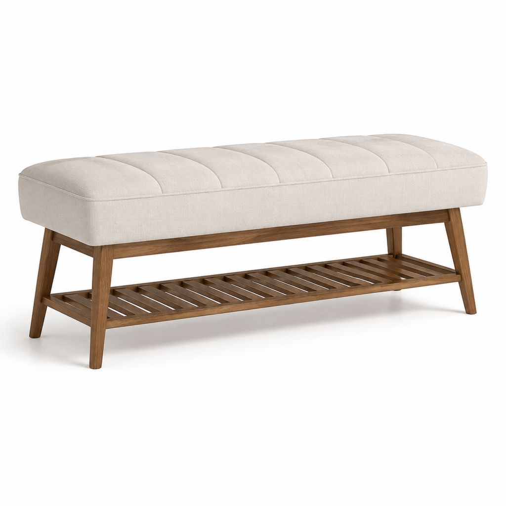 Panca fondoletto con ripiano beige in poliestere e legno massello 120 x 40 x 50 cm