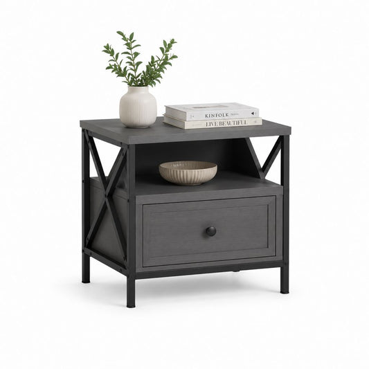 Comodino con cassetto grigio scuro in pannello MDF e acciaio 60 x 40 x 65 cm