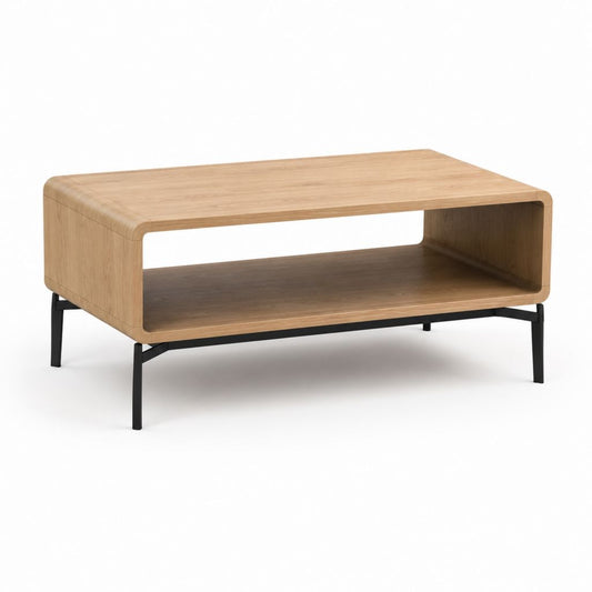 Tavolino da caffè rettangolare rovere e acciaio nero con vano portaoggetti 100 x 60 x 40 cm