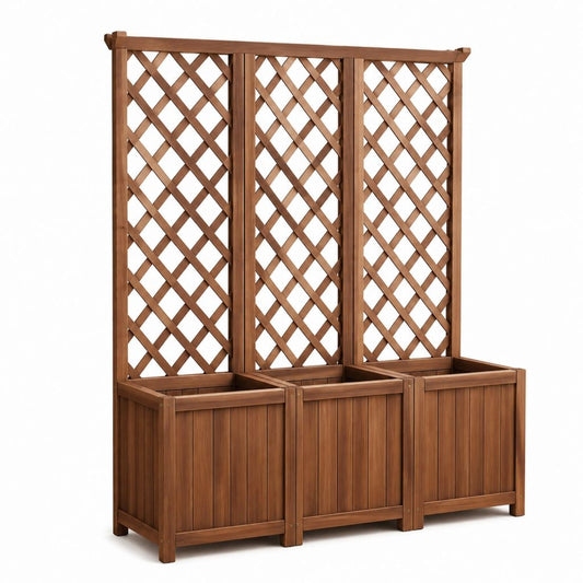 Set 3 Fioriere con Grigliato Marrone in Legno Massello di Abete 120 x 40 x 140 cm