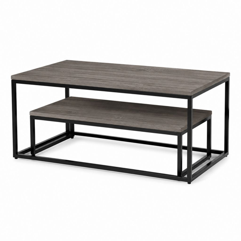 Set di 2 tavolini da caffè rettangolari grigio effetto rovere in MDF e acciaio 100 x 50 x 45 cm 90 x 45 x 35 cm